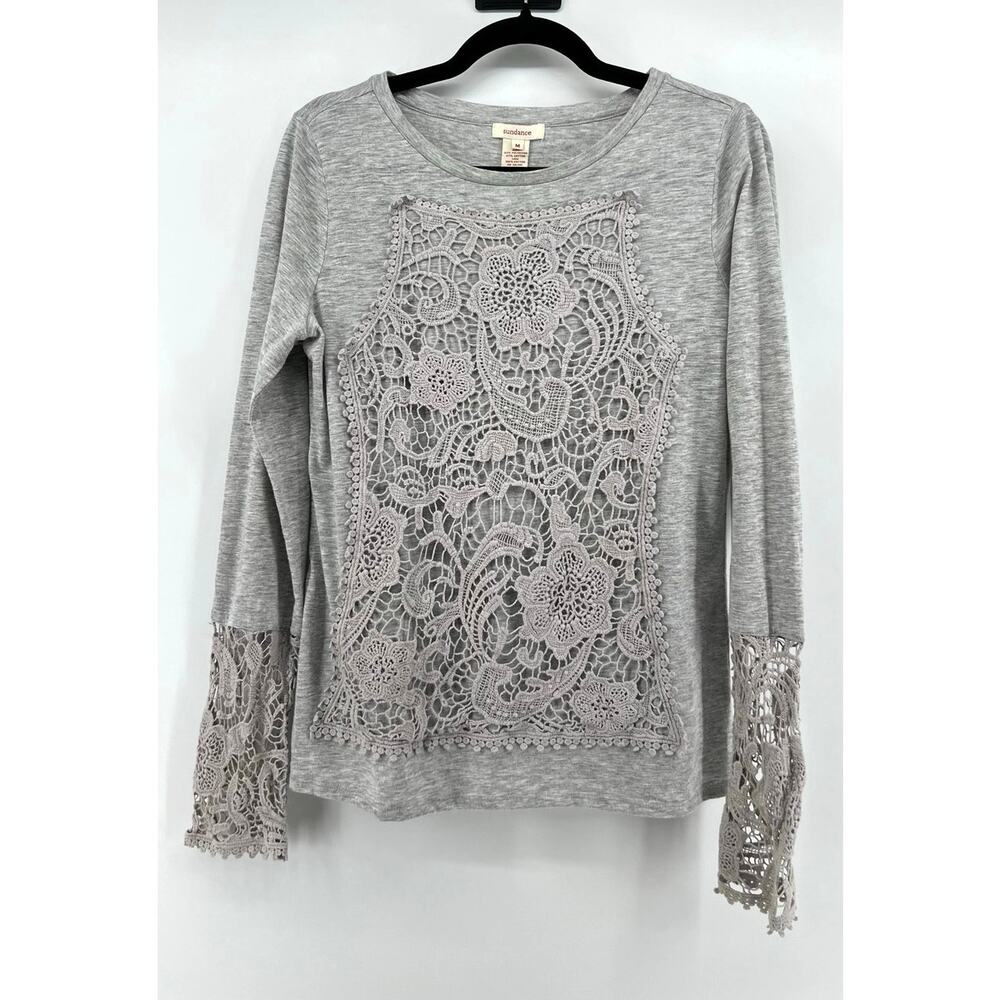 Sundance Catalog Lace Crochet Floral Top Size M Heather Gray Long Sleeve Jersey